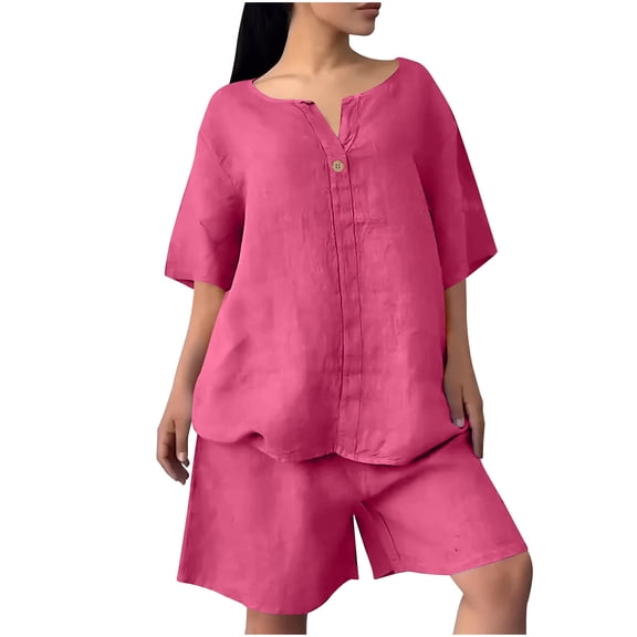UAMVSH Plus Size 2 Piece Outfits for Women Cotton Linen V Neck T-Shirts and Shorts Matching Set Oversized Lounge Sets Travel Outfits