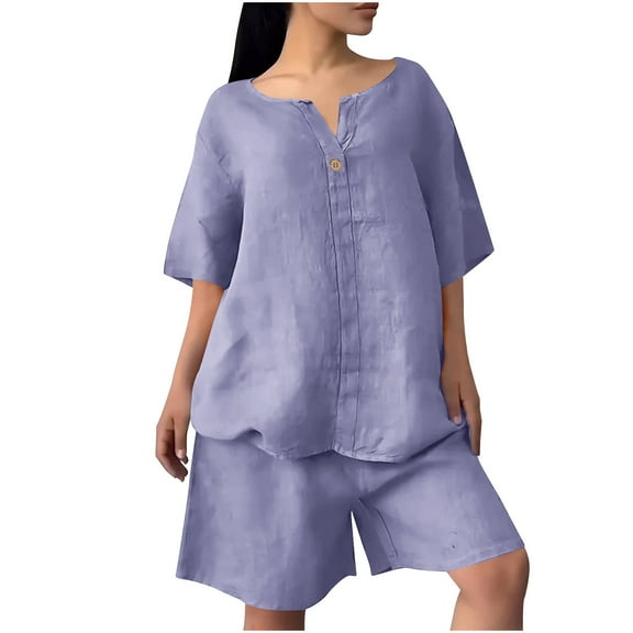 UAMVSH Plus Size 2 Piece Outfits for Women Cotton Linen V Neck T-Shirts and Shorts Matching Set Oversized Lounge Sets Travel Outfits
