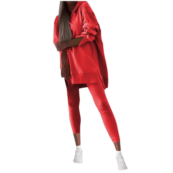 UAMVSH Plus Size 2 Piece Outfits for Women Oversized Sweatsuits Side Slit Hoodies with High Waisted Yoga Leggings Loungewear Sets(MediumRed)