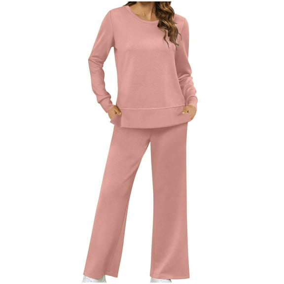 UAMVSH Plus Size 2 Piece Sets for Women Long Sleeve Lounge Outfits Side Slit Pullover Sweatshirts and Elastic Waist Sweatpants with Pockets(SmallPink)