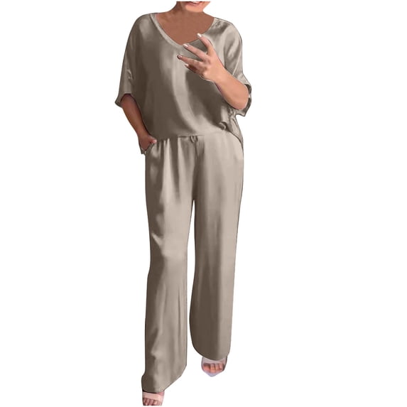 UAMVSH Plus Size 2 Piece Sets for Women Silk Satin Short Sleeve Lounge Sets V Neck Top and Wide Leg Pants Matching Outfits