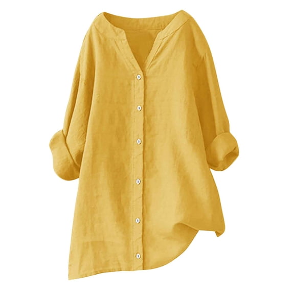 UAMVSH Plus Size Button Down Shirts for Women Rolled Up Long Sleeve Tops Loose Fit Cotton Linen Casual Work Blouses Fall Outfits