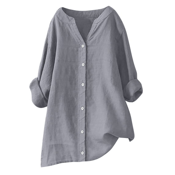UAMVSH Plus Size Button Down Shirts for Women Rolled Up Long Sleeve Tops Loose Fit Cotton Linen Casual Work Blouses Fall Outfits