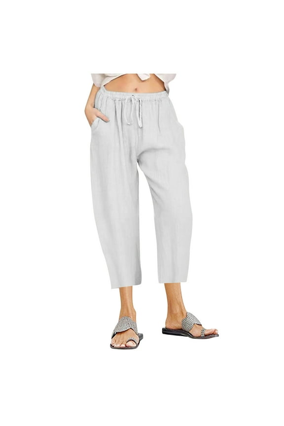 Plus Size Capris for Women Cotton Linen Casual Capri Pants Soft Summer Drawstring Elastic Waist Cropped Pants with Pockets