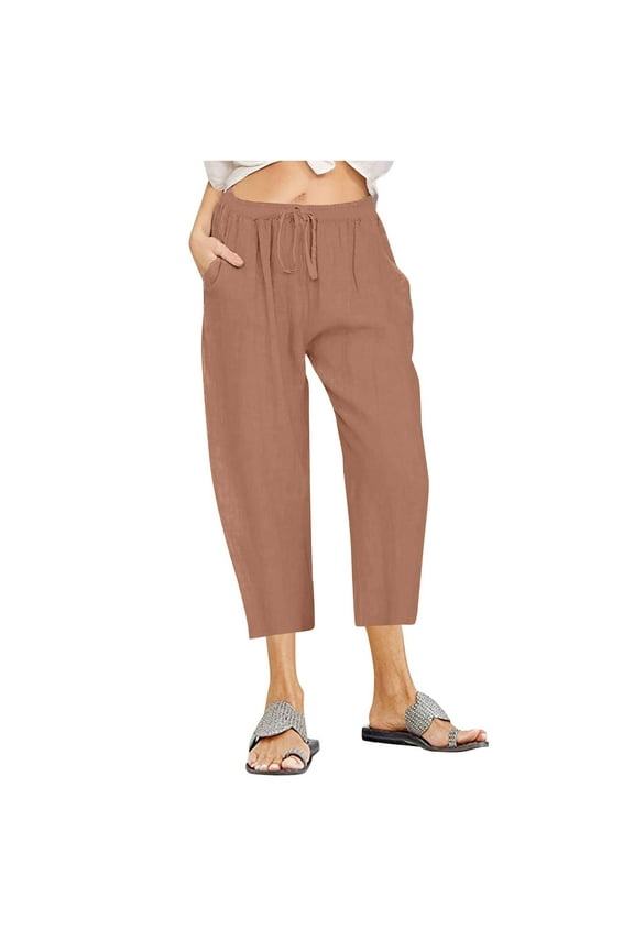 Plus Size Capris for Women Cotton Linen Casual Capri Pants Soft Summer Drawstring Elastic Waist Cropped Pants with Pockets