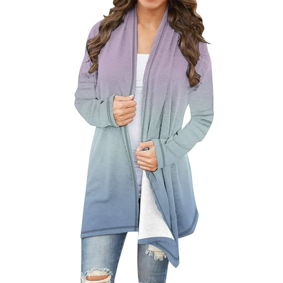 UAMVSH Plus Size Cardigans for Women Fashion Gradient Color Long Jackets Basic Shawl Collar Long Sleeve Casual Coats Outerwear(Large,Light Blue 2)