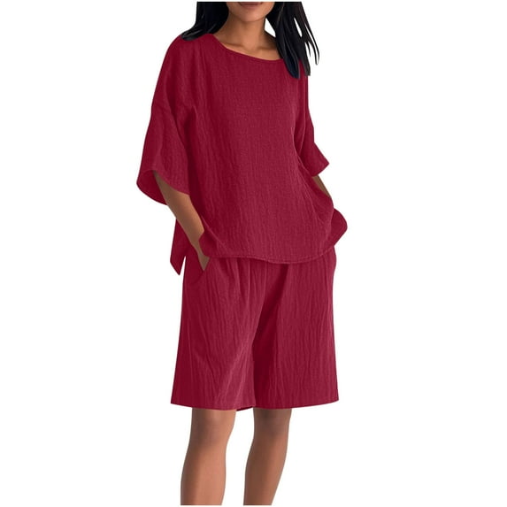 UAMVSH Plus Size Cotton Linen 2 Piece Outfits for Women Oversized Beach Vacation Sets 3/4 Sleeve Pullover Tops and Bermuda Shorts with Pockets(5X-Large,Wine)
