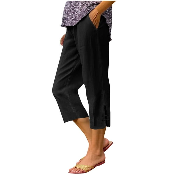 UAMVSH Plus Size Cotton Linen Capris for Women Lightweight Summer Beach Capri Pants Casual Side Slit Straight Leg Cropped Pants with Pockets