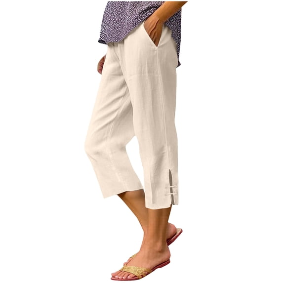UAMVSH Plus Size Cotton Linen Capris for Women Lightweight Summer Beach Capri Pants Casual Side Slit Straight Leg Cropped Pants with Pockets