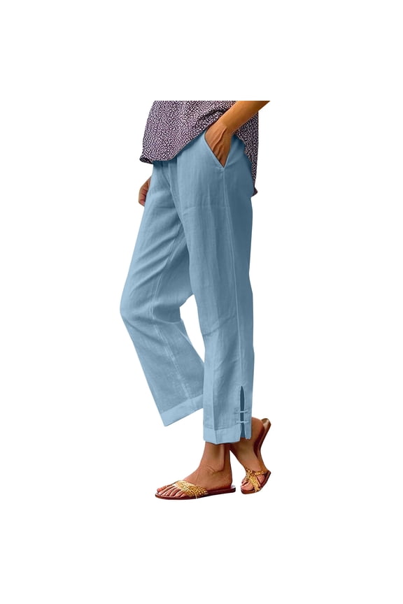 Plus Size Cotton Linen Pants for Women Soft Lightweight Beach Vacation Casual Pants Side Slit Tapered Pockets Long Pants(X-Large,Light Blue)