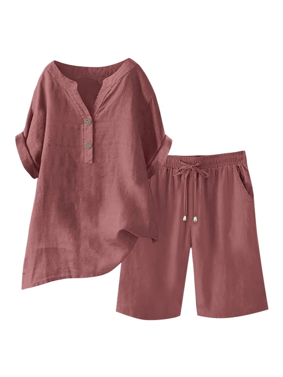 Plus Size Cotton Linen Sets for Women Oversized Short Sleeve Pullover Tops with Drawstring Shorts Lightweight Pockets Outfits(Large,Watermelon Red 4)