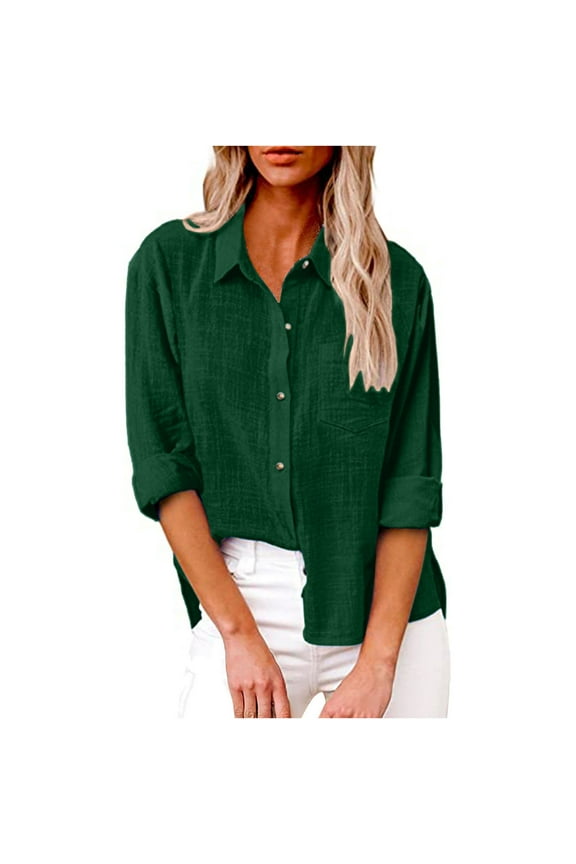 Plus Size Cotton Linen Shirts for Women Classic Long Sleeve Button down Tops with Pockets Soft Lightweight Fall Blouses(Medium,Green)