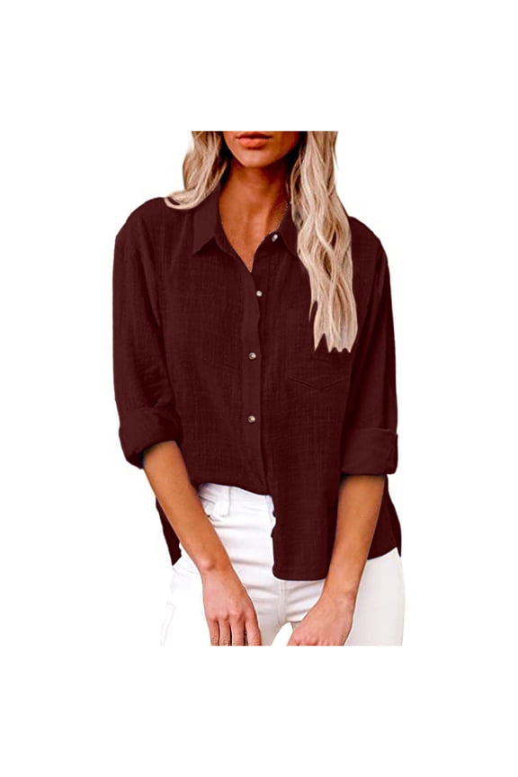 Plus Size Cotton Linen Shirts for Women Classic Long Sleeve Button down Tops with Pockets Soft Lightweight Fall Blouses(Medium,Wine)