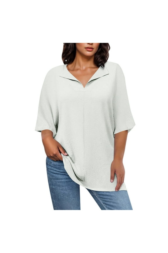 Plus Size Cotton Linen Shirts for Women Soft Solid Color Pullover Blouses Casual Half Sleeve Lapel V-Neck Loose Fit Tops(4X-Large,White)