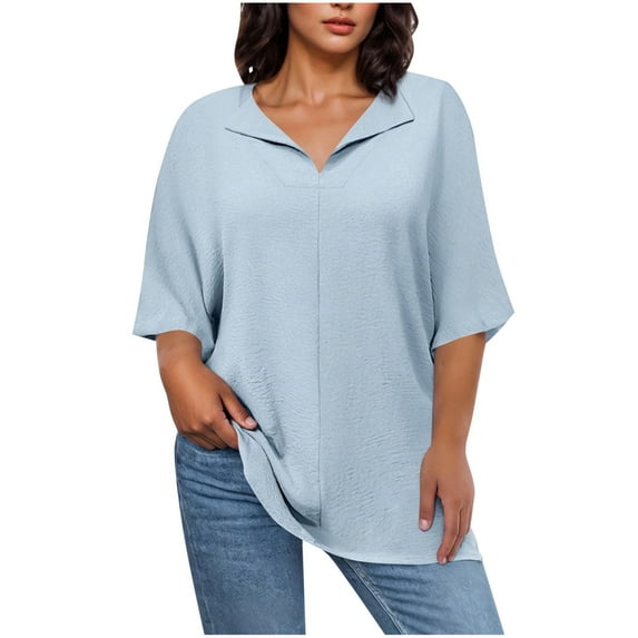 UAMVSH Plus Size Cotton Linen Shirts for Women Soft Solid Color Pullover Blouses Casual Half Sleeve Lapel V-Neck Loose Fit Tops(Large,Light Blue)