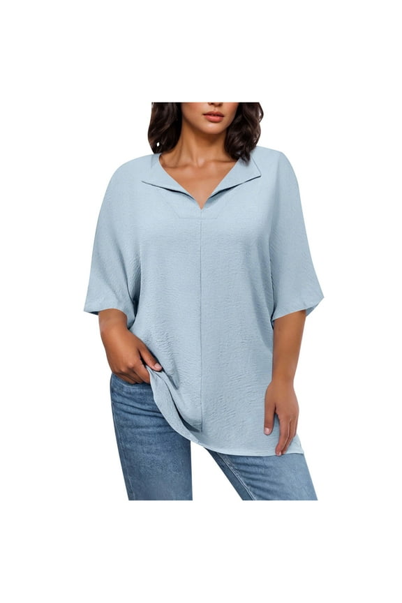 Plus Size Cotton Linen Shirts for Women Soft Solid Color Pullover Blouses Casual Half Sleeve Lapel V-Neck Loose Fit Tops(Large,Light Blue)