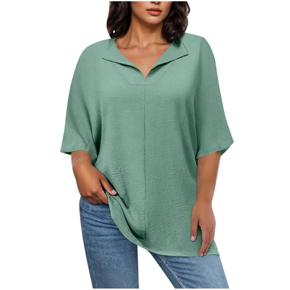 UAMVSH Plus Size Cotton Linen Shirts for Women Soft Solid Color Pullover Blouses Casual Half Sleeve Lapel V-Neck Loose Fit Tops(Large,Mint Green)