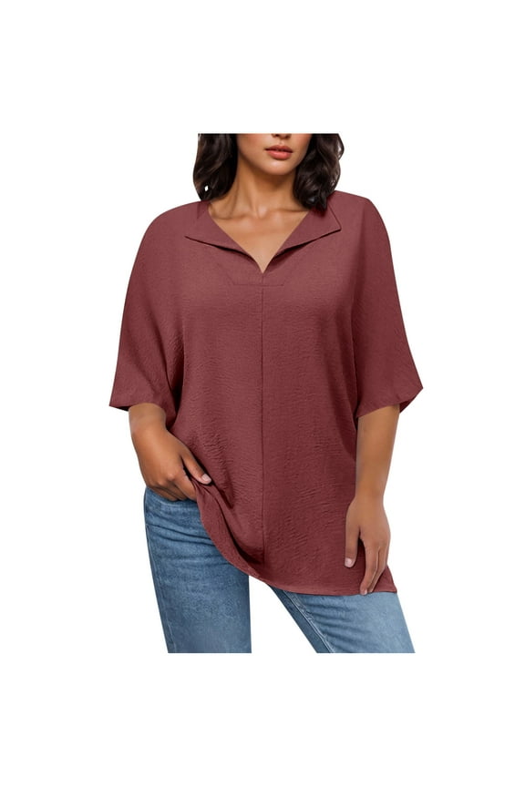 Plus Size Cotton Linen Shirts for Women Soft Solid Color Pullover Blouses Casual Half Sleeve Lapel V-Neck Loose Fit Tops(Large,Wine)