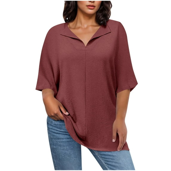 UAMVSH Plus Size Cotton Linen Shirts for Women Soft Solid Color Pullover Blouses Casual Half Sleeve Lapel V-Neck Loose Fit Tops(XX-Large,Wine)
