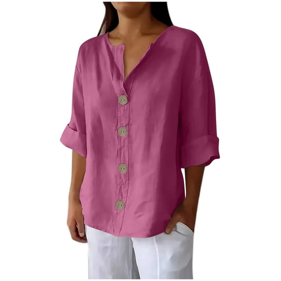 UAMVSH Plus Size Cotton Linen Tops for Women Trendy Roll up 3/4 Length Sleeve Shirts Casual Lightweight Button down V-Neck Tees(Large,Hot Pink 1)