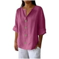 thumbnail image 1 of UAMVSH Plus Size Cotton Linen Tops for Women Trendy Roll up 3/4 Length Sleeve Shirts Casual Lightweight Button down V-Neck Tees(XX-Large,Hot Pink 1), 1 of 6