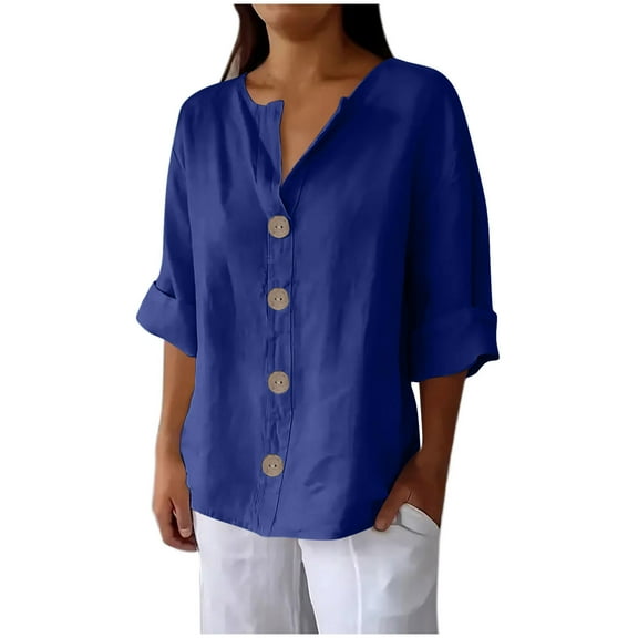UAMVSH Plus Size Cotton Linen Tops for Women Trendy Roll up 3/4 Length Sleeve Shirts Casual Lightweight Button down V-Neck Tees(3X-Large,Navy 1)