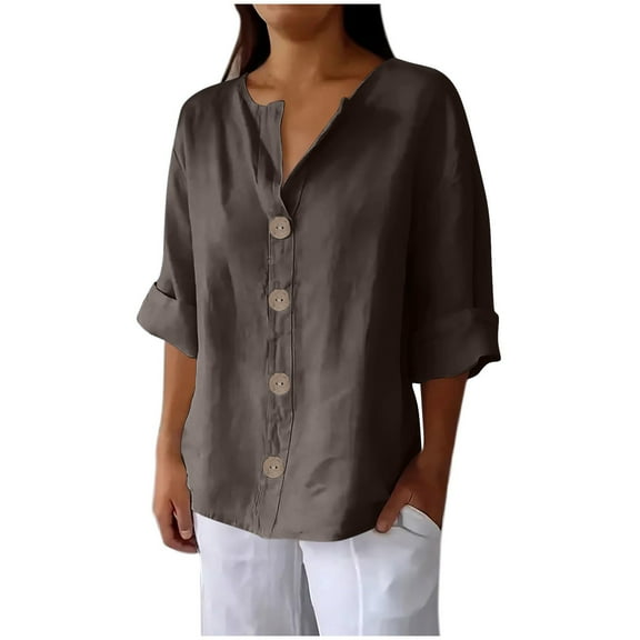 UAMVSH Plus Size Cotton Linen Tops for Women Trendy Roll up 3/4 Length Sleeve Shirts Casual Lightweight Button down V-Neck Tees(Large,Brown 1)