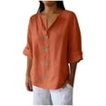 thumbnail image 1 of UAMVSH Plus Size Cotton Linen Tops for Women Trendy Roll up 3/4 Length Sleeve Shirts Casual Lightweight Button down V-Neck Tees(Large,Orange 1), 1 of 6