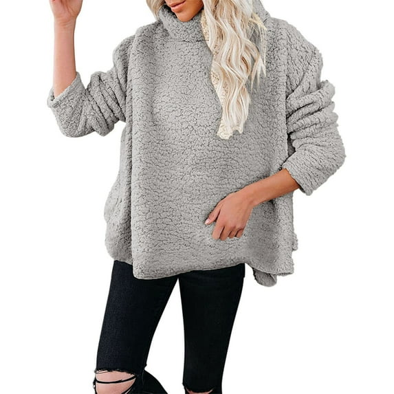 UAMVSH Plus Size Fleece Sweatshirts for Women Comfy Sherpa Fluffy High Neck Pullover Tops Warm Plush Long Sleeve Shirts Winter Outfits(X-Large,Gray)