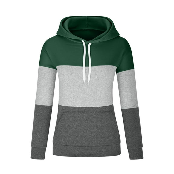 UAMVSH Plus Size Hooded Sweatshirts for Women Casual Long Sleeve Drawstring Tunic Pullover Color Block Hoodie Tops with Pockets(Medium,Green)