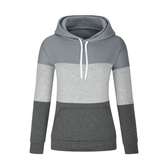 UAMVSH Plus Size Hooded Sweatshirts for Women Casual Long Sleeve Drawstring Tunic Pullover Color Block Hoodie Tops with Pockets(Small,Gray)