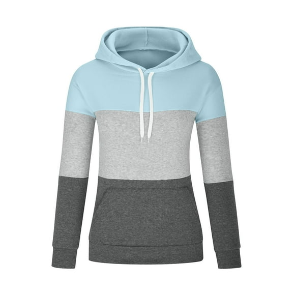 UAMVSH Plus Size Hooded Sweatshirts for Women Casual Long Sleeve Drawstring Tunic Pullover Color Block Hoodie Tops with Pockets(XX-Large,Light Blue)