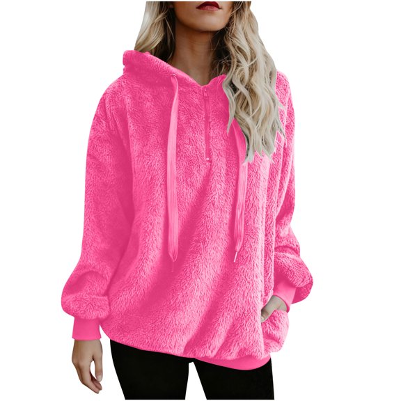 UAMVSH Plus Size Hoodies for Women Fleece Sherpa Quarter Zip Pullover Tops Comfy Soft Fuzzy Long Sleeve Tops with Pockets for Cold Winter