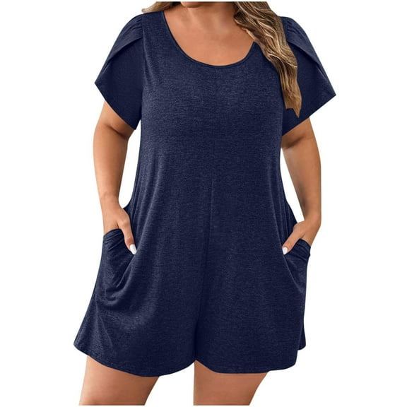 UAMVSH Plus Size Jumpsuits for Women Soft Baggy Summer Beach Rompers Short Sleeve Crew Neck Jumpers Clothes with Pockets