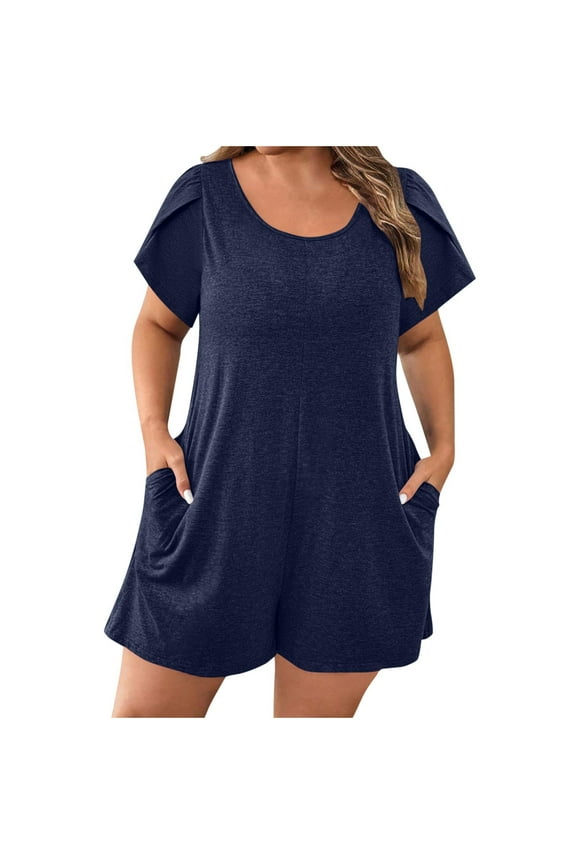 Plus Size Jumpsuits for Women Soft Baggy Summer Beach Rompers Short Sleeve Crew Neck Jumpers Clothes with Pockets