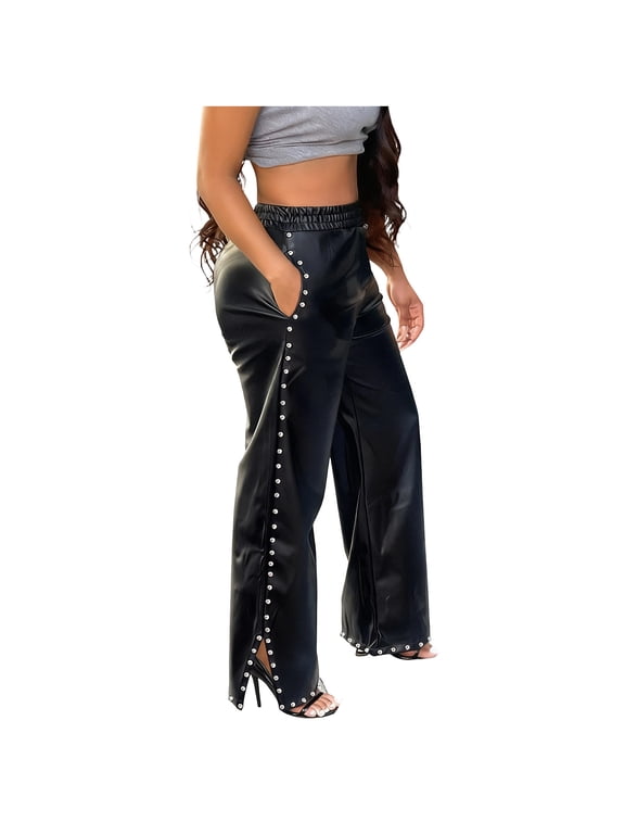 Plus Size Leather Pants for Women Dressy Casual Elastic High Waisted PU Wide Leg Pants Loose Side Split Baggy Pants with Pockets