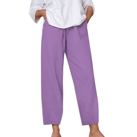 UAMVSH Plus Size Linen Pants for Women Drawstring Elastic Waist Cropped Pants Casual Loose Straight Leg Pants with Pockets