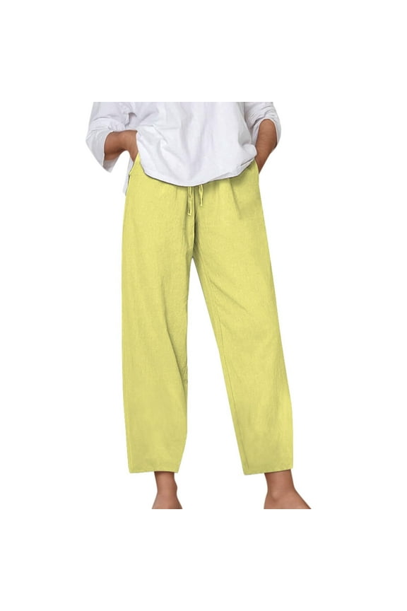 Women Plus Size Cotton Linen Pants Soft Straight Leg Summer Fall Pants Lightweight Daily Casual Drawstring Pants with Pockets(X-Large,Yellow)