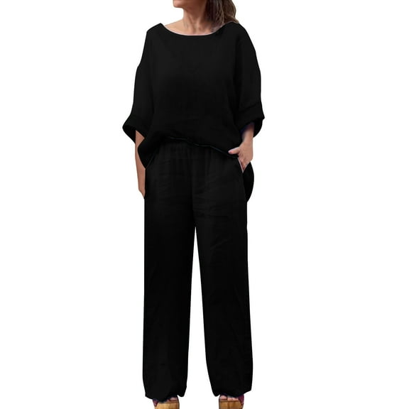 UAMVSH Plus Size Lounge Sets for Women Two Piece Vacation Travel Outfits Oversized 3/4 Sleeve Tops Matching Long Pants Set with Pockets
