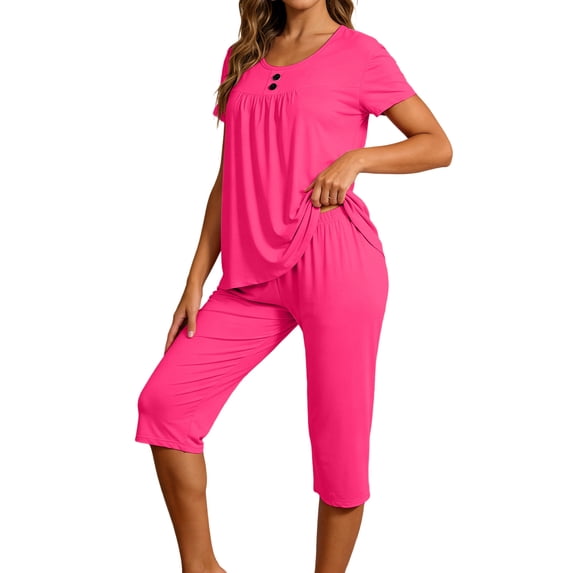 UAMVSH Plus Size Pajama Sets for Women 2 Piece Button Short Sleeve Crewneck Top with Capri Pants Sleepwear Set Comfy Pjs Lounge Set