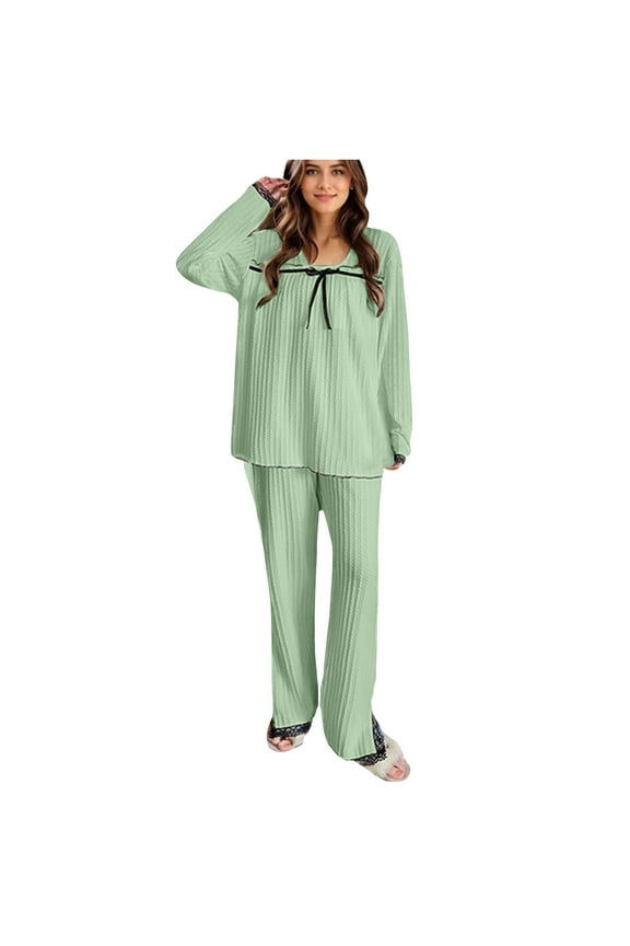 Plus Size Pajama Sets for Women 2 Piece Lace Trim Long Sleeve Tops and Pants Set Bow Tie Front Comfy Loungewear with Chest Pads
