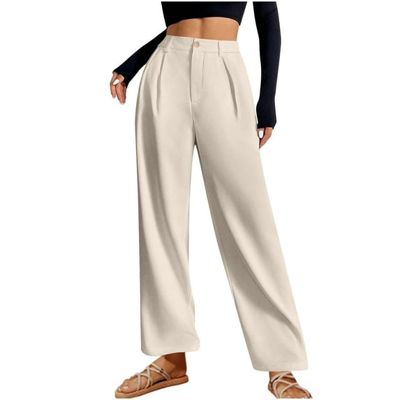 UAMVSH Plus Size Pants for Women Soft Straight Wide Leg Business Dress Trousers With Pockets High Waist Trendy Pleated Front Office Work Outfits (Small,Beige 1)