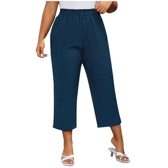 UAMVSH Plus Size Pants for Women Elastic Waist Casual Cropped Pants Textured Loose Straight Leg Dress Pants with Pockets
