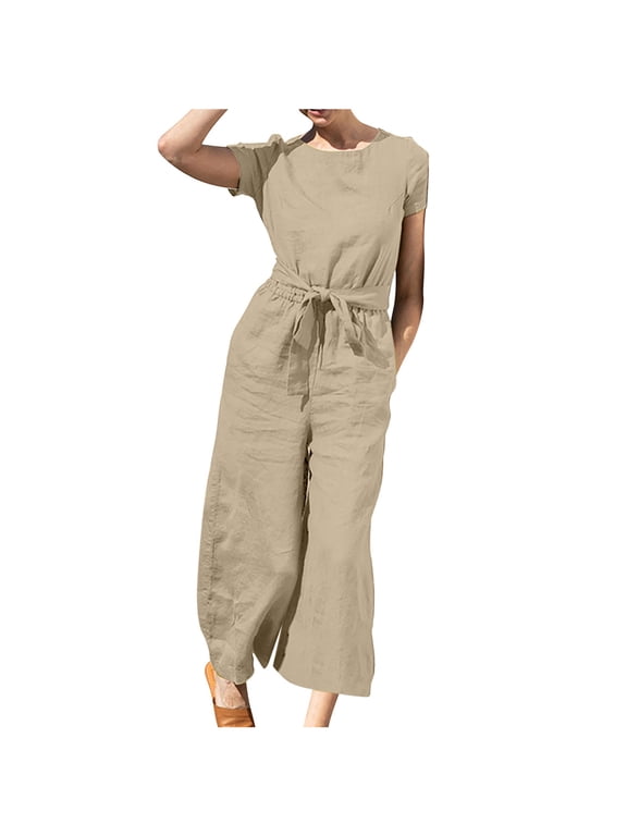 Plus Size Rompers for Women Cotton Linen Sleeveless Tank Jumpsuit with Pockets Casual Wide Leg Elastic Waist Summer Outfits (4X-Large,Khaki 3)
