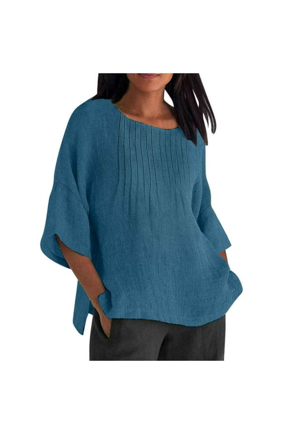 Plus Size Shirts for Women Casual Cotton Linen Lightweight Crew Neck Tops Loose 3/4 Sleeve Pleated Front Side Slit Blouses(3X-Large,Blue)