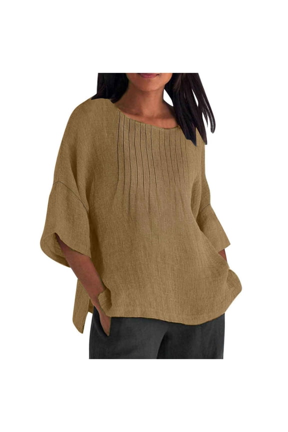 Plus Size Shirts for Women Casual Cotton Linen Lightweight Crew Neck Tops Loose 3/4 Sleeve Pleated Front Side Slit Blouses(Large,Khaki)
