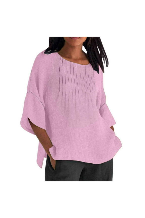 Plus Size Shirts for Women Casual Cotton Linen Lightweight Crew Neck Tops Loose 3/4 Sleeve Pleated Front Side Slit Blouses(Large,Pink)