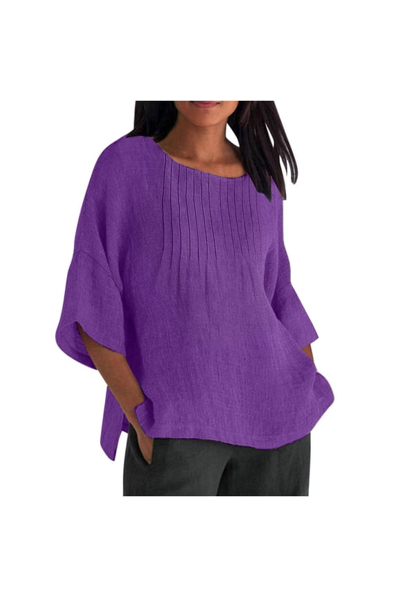 Plus Size Shirts for Women Casual Cotton Linen Lightweight Crew Neck Tops Loose 3/4 Sleeve Pleated Front Side Slit Blouses(Large,Purple)