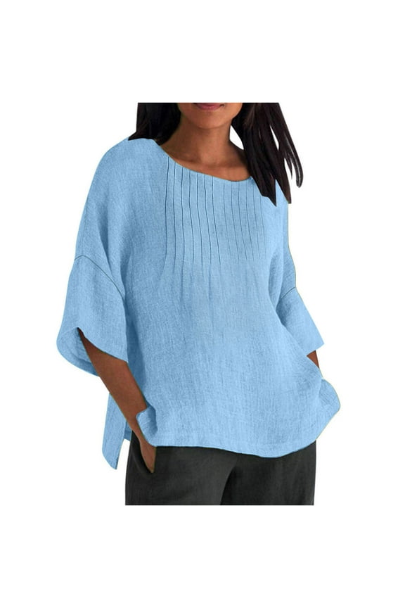 Plus Size Shirts for Women Casual Cotton Linen Lightweight Crew Neck Tops Loose 3/4 Sleeve Pleated Front Side Slit Blouses(X-Large,Sky Blue)