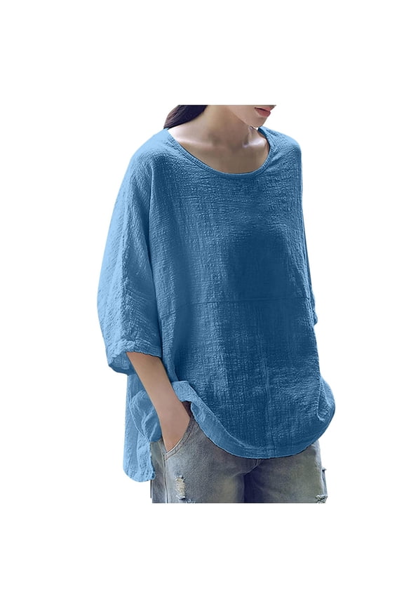 Plus Size Shirts for Women Lightweight Solid Color Vacation Casual Blouses Loose Fit 3/4 Length Sleeve Crew Neck Tops(Large,Blue 1)